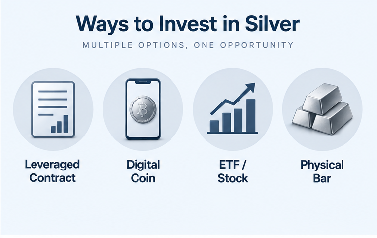 Icons representing digital silver, ETF, futures, and physical silver
