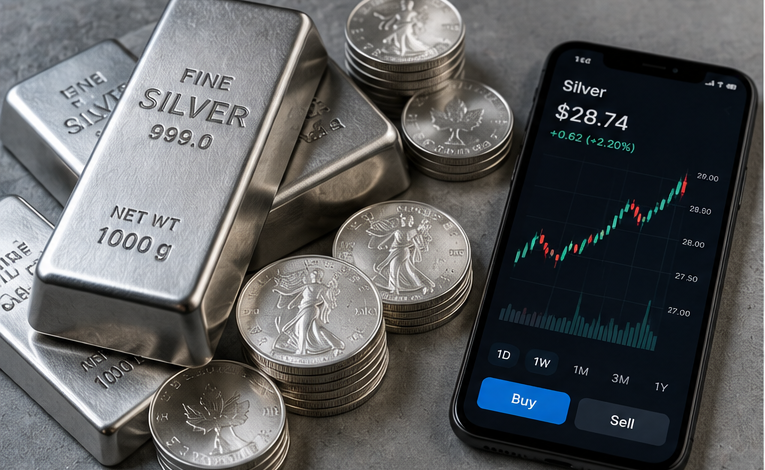 Silver bars and coins beside a phone showing an online trading chart